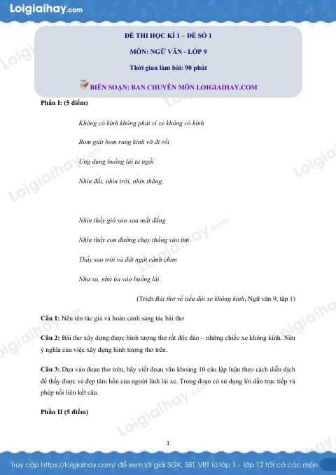 Đề số 1 - Đề kiểm tra học kì 1 (Đề thi học kì 1) - Ngữ văn 9